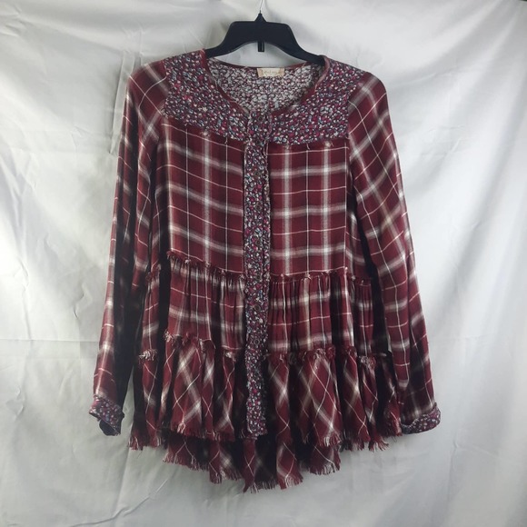 Altered State Self Burgundy White Floral Plaid ButtonUp Tiered Frayed Hem Top MD - Picture 1 of 6